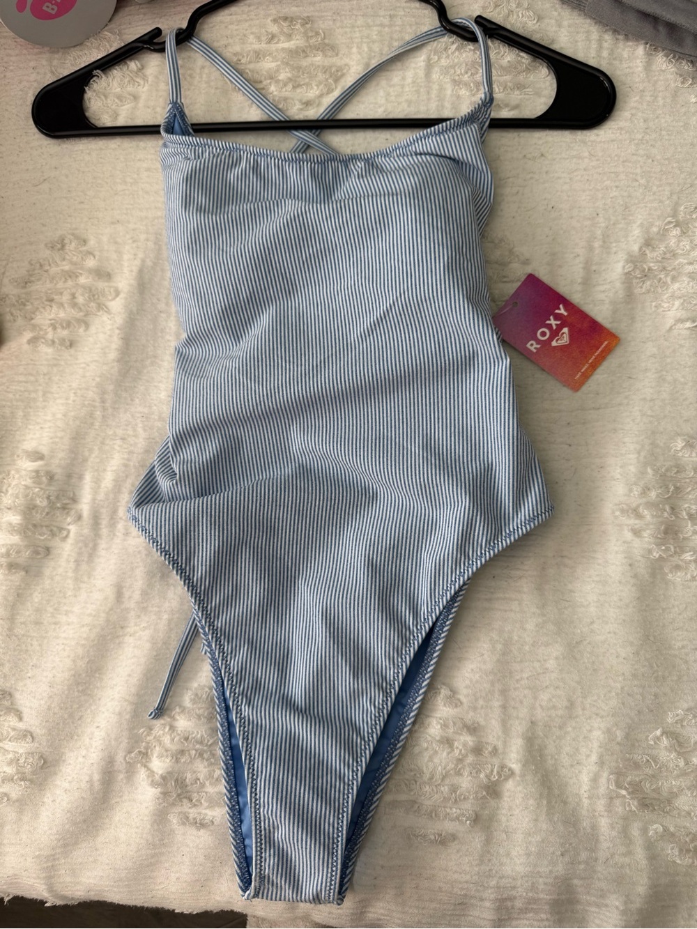 Roxy Light Blue and White Pinstripe One-Piece Swimsuit